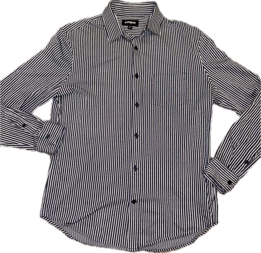 Express Men's Navy Blue and White Striped Long Sleeve Button Down Shirt Size S (